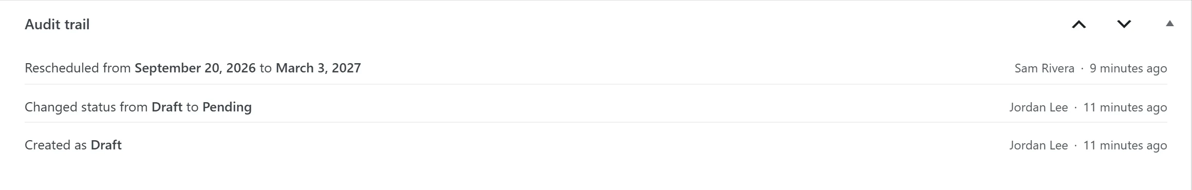 The Audit trail box in the WordPress post editor, listing three entries: created as Draft, changed from Draft to Pending, and rescheduled to March 3, 2027, each with the person and time.