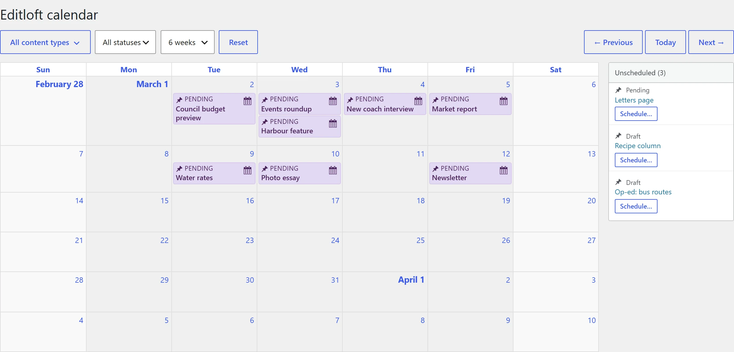 The Editloft calendar in the WordPress admin: a six-week grid with pending posts on their scheduled days and a side panel of unscheduled drafts, each with a Schedule button.